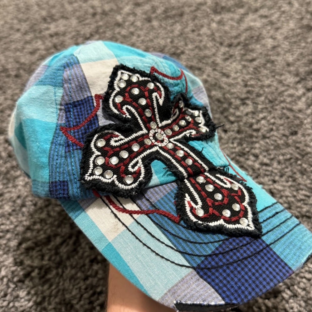 Y2K Leader Cross Patch Hat Mens Blue Excellent Rhinestone Plaid Strapback OS